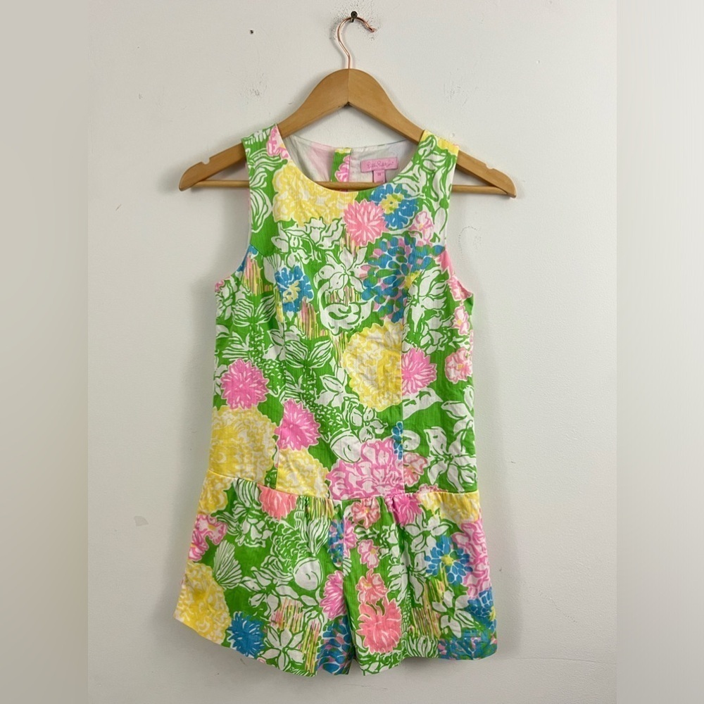 Lilly Pulitzer Green Floral Sleeveless Romper with Pink Yellow Blue Blooms